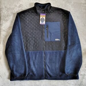 Eddie Bauer Men's XXL Mixed Media Full Zip Fleece Jacket Navy Blue Black Quilted